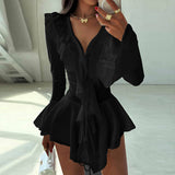 Women's Clothing 2025 Autumn New Solid Fashion V Collar Horn Sleeves To Close The Waist Lotus Leaf Dress