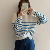 Korean Style Striped Sweater Woman All Match Long Sleeve Knit Pullover Women Autumn Winter Basic O Neck Bottoming Shirt-Outfit