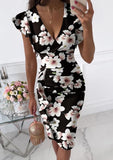 Print Deep V Neck Ruffles Short Sleeve Midi