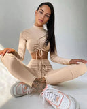 Yoga Clothing Tie Rope Long Sleeve Crop Top And Pant 2