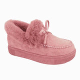 Women Cotton Shoes Casual Slip on Warm Suede Plush Snow Boots Cute Bowknot Fluffy Thick Bottom Flat Platform Ankle