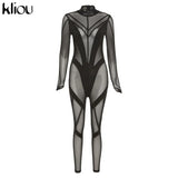 Kliou Mesh Patchwork Jumpsuit Women Mock Neck Full Sleeve Geometric One Piece Playsuit Sexy Midnight Overall Party