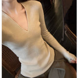Tea Color V-Neck Knitted Shirt Slimy Temperament Fashion Thin Inside The Bottom Shirt Tight Cashmere Sweater