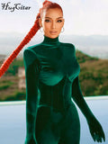 Solid Velvet With Corset Gloves Sexy Bodycon Jumpsuit 2021 Summer Fall Slim Party Club Elegant Streetwear Outfit