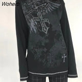 Women Y2K Aesthetic Punk Crop Tops Long Sleeve Fairy Grunge Print Top Vintage O Neck Harajuku Dark Academia T-shirts Streetwear-Outfit