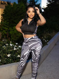 Kliou Casual Two Piece Set Women Sporty Sleeveless Crop Top+Skinny Print Leggings Matching Outfit Female Concise Cool