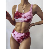 2021sexy Bikinis Print Sport Bandeau Push Up Marble Women Swimsuit High Waist Swimwear Women Bathing Suit Beach