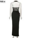 Kliou Halter Mesh Maxi Dress Women Wrapped Chest Asymmetrical Side Spilt Vestido Lady Girl Sexy Elegant Robe Party