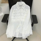 Women Solid Hollow Out Shirts Lapel Long Sleeve Loose Waist Fashion Patchwork Blouse Female Chic Casual Poly Shirt 2023-Outfit