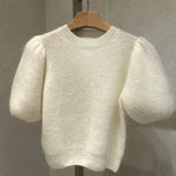 Solid Jumpers Pullovers White Puff Sleeve Knitted Sweater Women Pull Wild Short Sleeve Knitwear Top Pink Blue