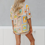 Women's Lounge Set Tropical Print Lapel Neck Short Sleeve Button Down Shirt Elastic Waist Shorts Summer Outfit-Outfit