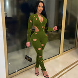 Hole Velvet Jumpsuit Fall Winter Xmas Clothes for Women Elegant Cut Out Zipper Long Sleeve Pants Playsuit Romper Overalls-Outfit