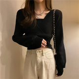 Solid Slim Autumn Short V Neck White Knitted Tops Bottom Fake Two Pieces Pullover Sweaters Lady Fashion Chic Korea
