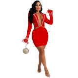 Fashion Sexy Nightclub Hot Drill V Collar Lapel Hollow Long Sleeve Short Skirt Dress-Outfit