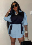 Casual Turn-down Collar Full Sleeves Solid with Black Vest Mini Loose Two Piece Shirt