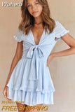 Sweet Short Sleeve Tie a Knot High Waist Elastic Ruffle White Summer Mini Dress Women V Neck Black Party Dresses Vestido-Outfit