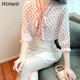 Women Polka Dot Chiffon Shirt Spring New Fashion Bow Three-quarter Sleeves Bottoming Blouse Top 3XL-Outfit