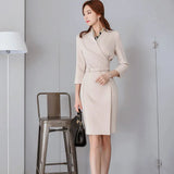 Office Ladies V-neck Pencil Dress Work Business Mid-length Women Dress Femme Sashes Slim Waist Vestidos 2020 Spring-Outfit