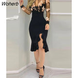 New Spring Fall Women Elegant Floral Patter Sheer Mesh Slit Bodycon Dress Femme Ruff Hem Cut Out Party Robes Skinny Vestido-Outfit