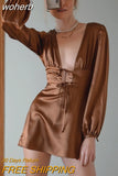 Women Sexy Satin Dress Elegant Fashion Front Tie Up Long Sleeve Birthday Party Night Mini Dress Y2K Vintage Vestidos-Outfit