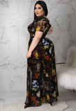 Plus Size Print Puffed Short Sleeve Mesh Long