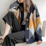 2021 Women's Sweaters Winter Spring Plaid V-Neck Cardigans Button Puff Sleeve Checkered Oversize Sweater Tops