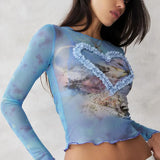 Gauze Heart Sweet Blue T-Shirt Women Tie Dye Crew Neck Y2K Streetwear Mesh Elastic Butterfly Tops Full Sleeve Tees Clas-Outfit