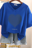 100% Cotton L-6XL T Shirt Plus Size Tshirt Short Sleeve Women Top Summer Heart Print Couple V Neck Oversized T Shirts-Outfit