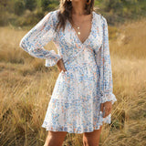 hirigin Summer Elegant Ruffles Print Mini Dress Women Sexy Halter V-neck long-sleeved waist Puff sleeve Dresses women