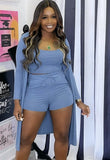 Spring Casual Ribbed Vest And Shorts And Long Sleeve Coat 3 Piece
