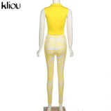 Kliou Casual Two Piece Set Women Sporty Sleeveless Crop Top+Skinny Print Leggings Matching Outfit Female Concise Cool