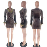 Furry Colllar Velvet 2 Piece Set Women V Neck Plush Sleeve Button Crop Top Mini Skirts Skinny Club Party Rave Outfits Suits-Outfit