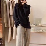 Woherb New 2023 Autumn And Winter Of 2023 Korean Curly Edge Casual Simple Pure Color Round Collar Sweater Women's Fashion Versatile Knit Top-Outfit