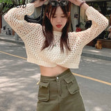 Out Fishnet Bikini Cover Up Women Summer Sexy See Through Mesh Long Sleeve T-Shirt Crochet Pullover Loose Crew Neckline-Outfit