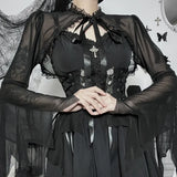 Long Sleeves Smock Vintage Black Lace One Shoulder Grudge Aesthetic Overall Y2K Luxury Coquette Party Sexy Crop Top CF22194-Outfit