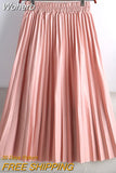 Women Autumn Midi PU Faux Leather Pleated Skirt Elegant Vintage Elastic High Waist Long A-line Skirt QT1907-Outfit