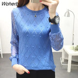 Neck Lace Hollow Bottoming Shirt Loose Long Sleeve Knitted Sweater Pullover Women's Autumn New Top Bottoming Sweater-Outfit