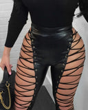 Leather Grommet Eyelet Lace-up Skinny Pants Women Spring Summer Solid Color Ankle Length Pencil Pants Slim Sexy-Outfit
