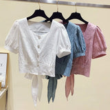 Fashion Bandage Women Short Shirt Korean Button Up Summer Crop Shirts Elegant Bow Short Sleeve Casual Ladies