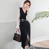 2 Pieces Outfits Elegant Women Lady Temperament Notched Neck Belt Midi Dress Robe Vestidos Sexy Sheer Lace Party Slim Set-Outfit