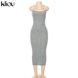 Kliou strap backless sexy bodycon midi long dress new women high waist cotton striped dresses elegant fashion party