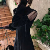 Winter New Half-Collar Mid-Length Knitted Dress Women Solid Sexy Mesh Stitching Off-Shoulder Long Sleeve Bow Dress
