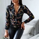 Women Fashion Shirt Lady Long Sleeve Blouse Turn-down CollarButton Design Print Casual