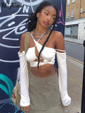 Women Pure Halter Single Shoulder Long Sleeve Bandage Drawstring Crop Top 2021 Fall Streetwear Outfit Fashion Y2K