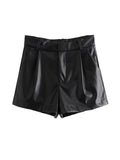 ZRN-Women's Faux Leather Shorts with Side Pockets, High Waist, Zipper Fly, Female Short Pants, Chic Fashion-Outfit