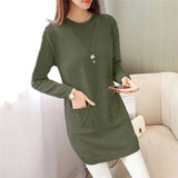 Sping Winter Women Black Sweaters Casual Solid O-Neck Long Sleeve Knit Sweaters Loose Pockets Mid Length Pullover Female