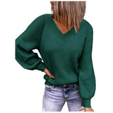 Woherb And Winter New Large Size Loose Sweater V-Neck Pure Color Pullover Sweater Female-Outfit