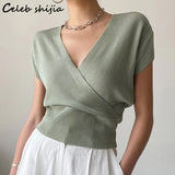 Chic Knit Tops Women 2022 Summer Korean Fashion V Neck Elegant Sweater Short Sleeve Business Cropped Tops Korean