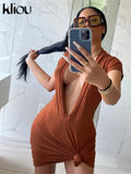 Kliou Solid Sexy Mini Dress Women Hipster Bundled Ball Sheath Short Sleeve Low V-Neck Shaped Waist Hot Streetwear Female