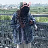 Woherb 2024 New Korean Version Of Denim Jacket Women's Loose Ins Versatile Medium Long Long Sleeve Student Jacket-Outfit
